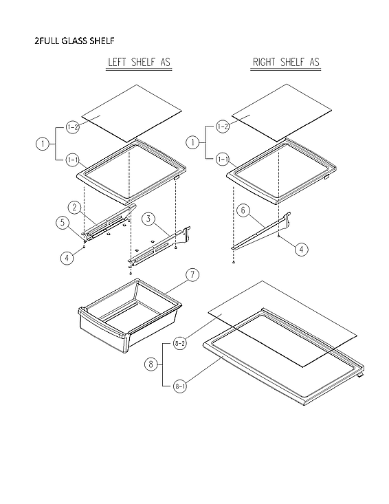 2 Full Glass Shelf Diagram and Parts List for 11160712911  Kenmore Refrigerator
