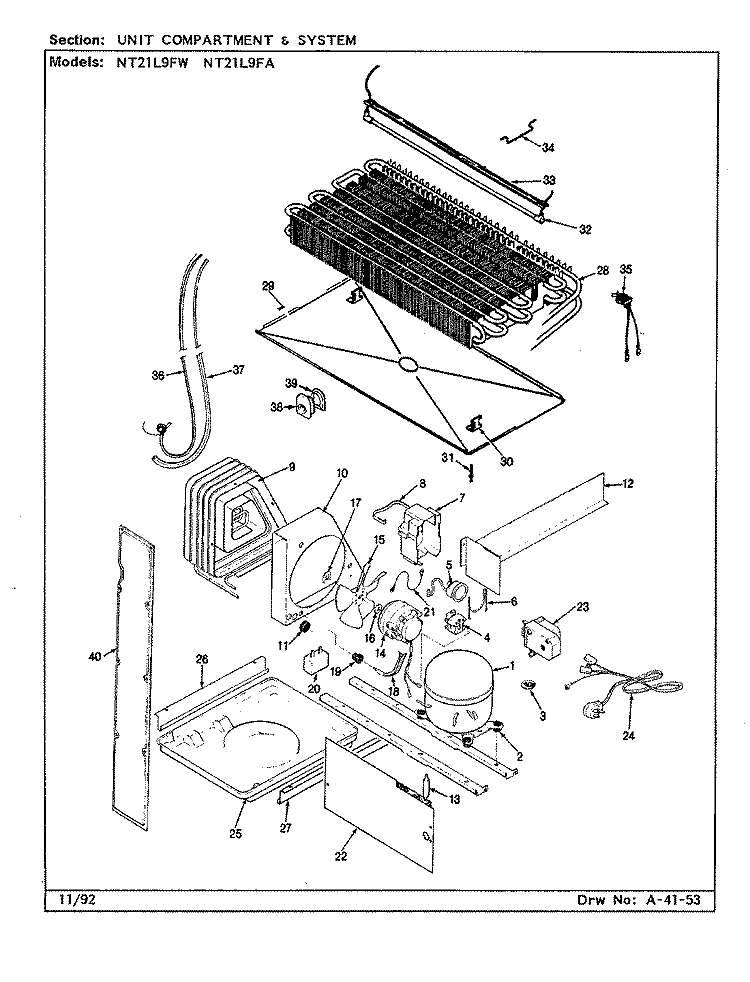 UNIT COMPARTMENT & SYSTEM Diagram and Parts List for NT21L9FW CA73A Admiral Refrigerator