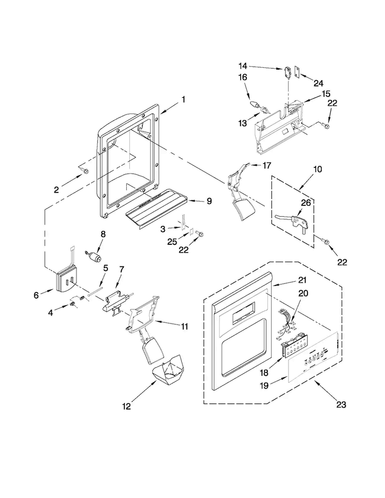 Dispenser Front Parts Diagram and Parts List for MSD2550VES02  Maytag Refrigerator