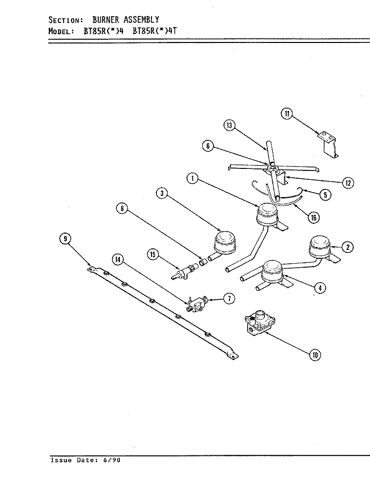BURNER ASSEMBLY Diagram and Parts List for BT85RN-4  Magic Chef Cooktop