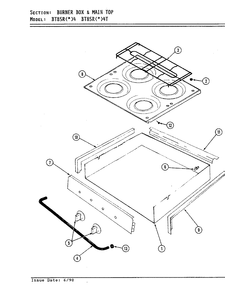 MAIN TOP ASSEMBLY Diagram and Parts List for BT85RN-4  Magic Chef Cooktop