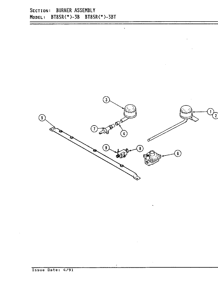 BURNER ASSEMBLY Diagram and Parts List for BT85RS-3B  Magic Chef Cooktop