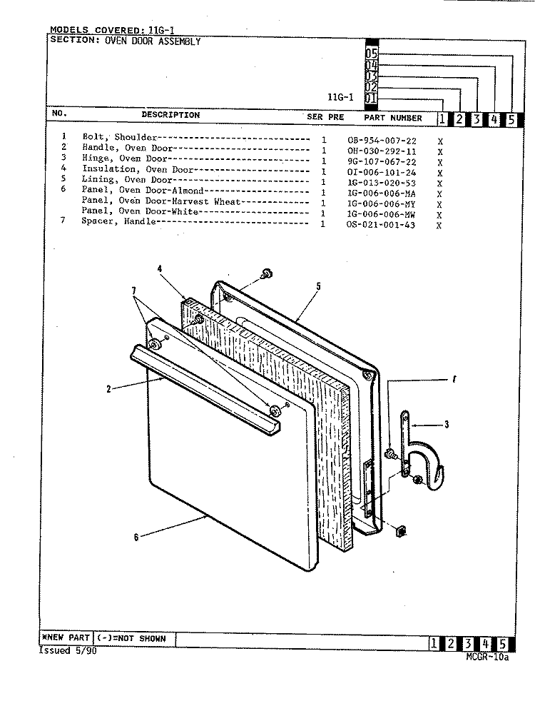 OVEN DOOR ASSEMBLY Diagram and Parts List for  Magic Chef Range