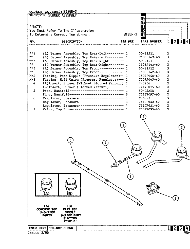 BURNER ASSEMBLY Diagram and Parts List for BT85NS-3  Magic Chef Cooktop