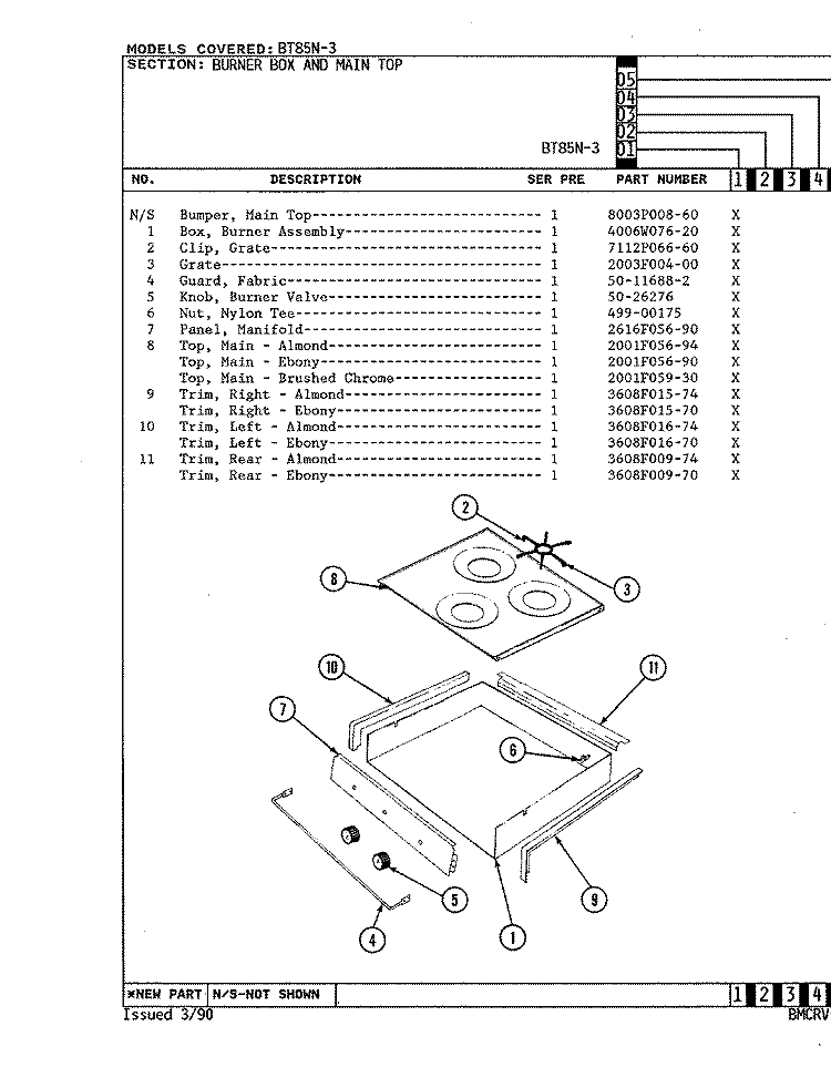 BURNER BOX & MAIN TOP Diagram and Parts List for BT85NS-3  Magic Chef Cooktop