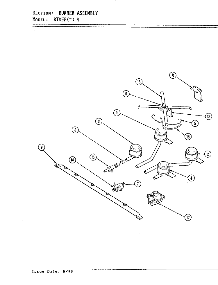 BURNER ASSEMBLY Diagram and Parts List for BT85PS-4  Magic Chef Cooktop