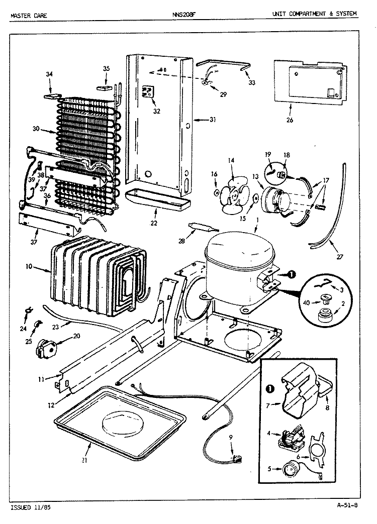 UNIT COMPARTMENT & SYSTEM Diagram and Parts List for NNS208FA 5M54A Maytag Refrigerator