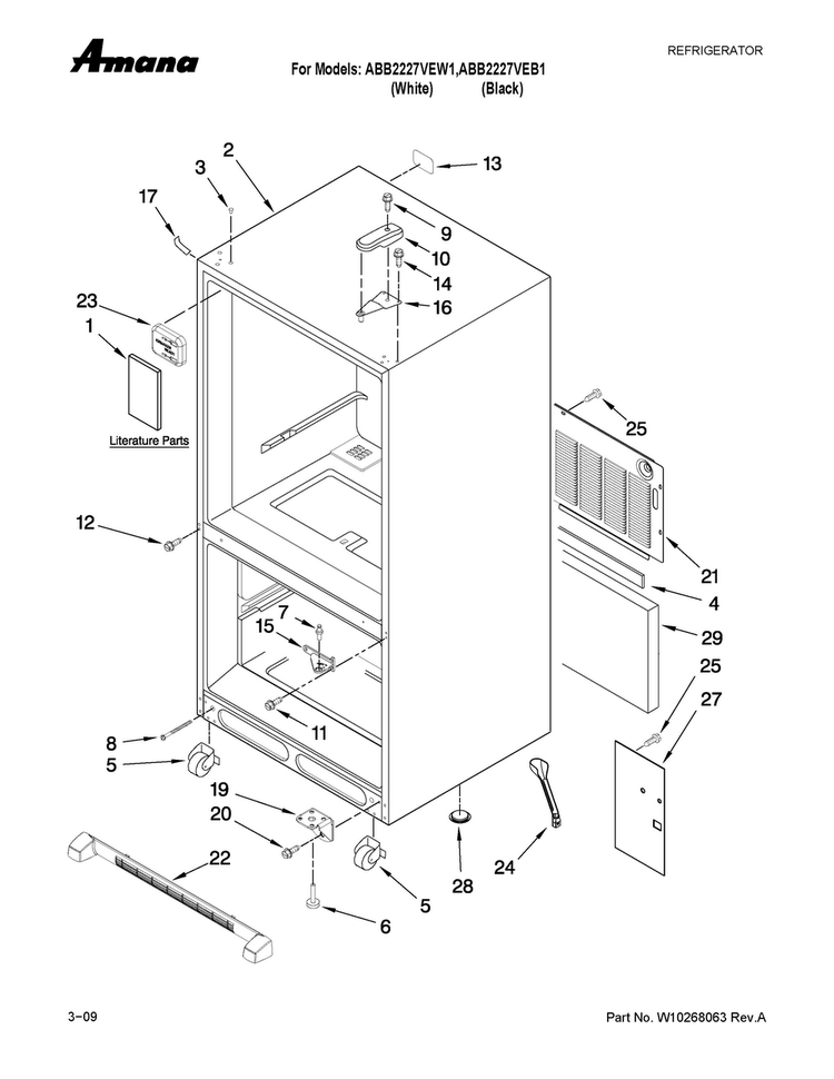 Cabinet Parts Diagram and Parts List for ABB2227VEW1  Amana Refrigerator