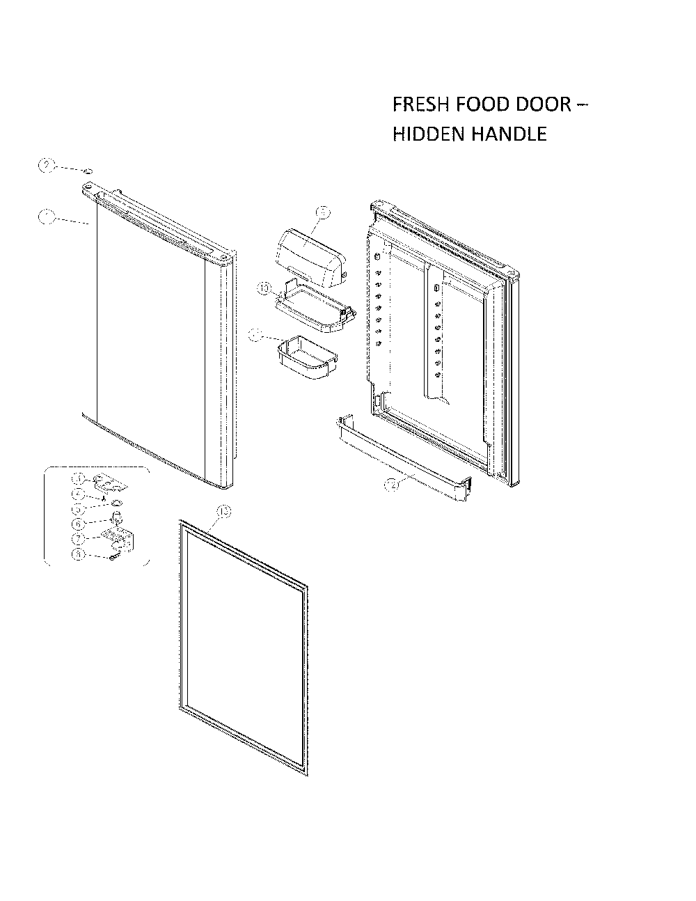 Fresh Food Door - Hidden Handle Diagram and Parts List for 11160512911  Kenmore Refrigerator