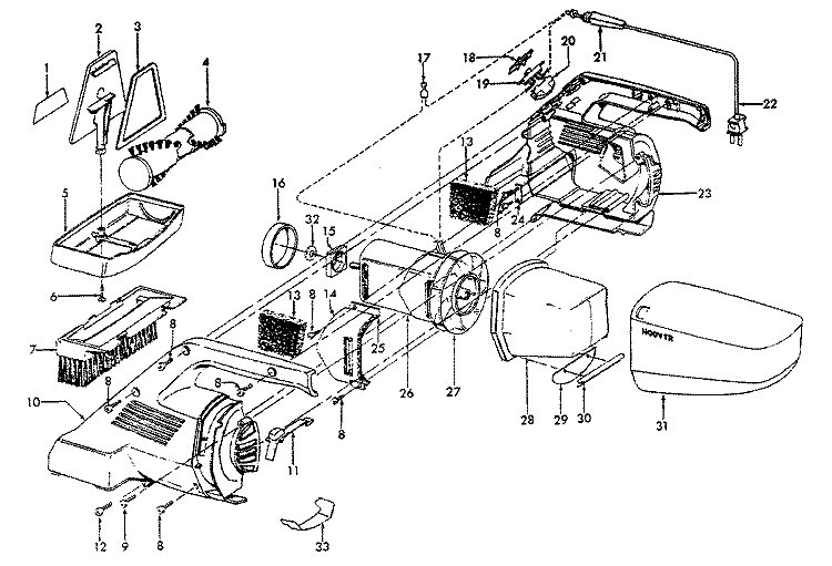 MOTOR ASSEMBLY, MOTORHOUSING Diagram and Parts List for S1133---  Hoover Upright Vacuum