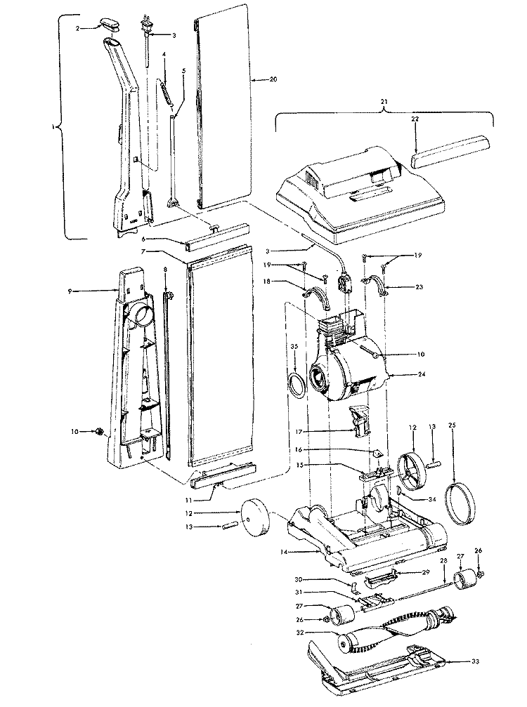 MOTOR, HANDLE, MAINBODY, OUTERBAG, HOOD Diagram and Parts List for U4723---  Hoover Upright Vacuum