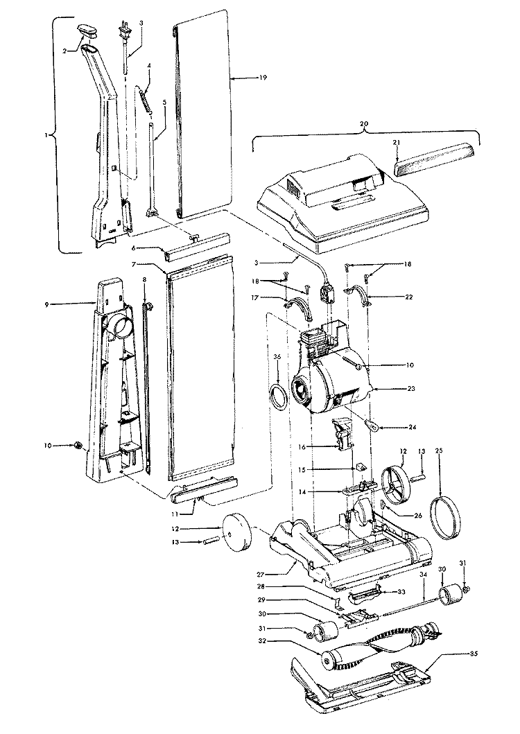 HANDLE, MAINBODY, OUTERBAG, HOOD Diagram and Parts List for U4701970  Hoover Upright Vacuum