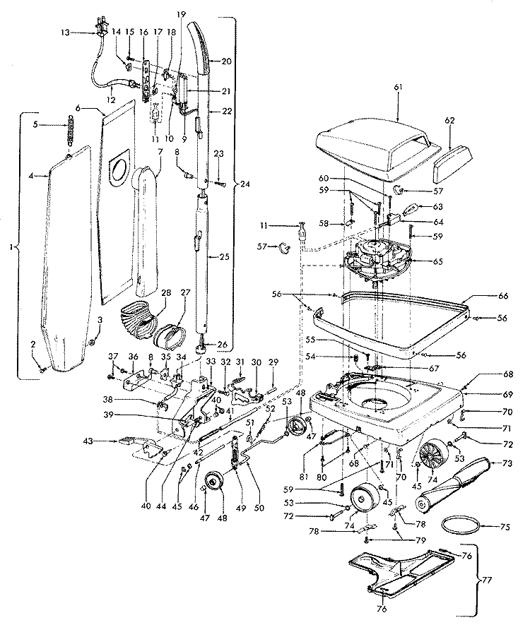 HANDLE, MAINBODY, OUTERBAG, HOOD Diagram and Parts List for U4725---  Hoover Upright Vacuum
