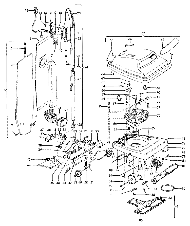 HANDLE, MAINBODY, OUTERBAG, HOOD Diagram and Parts List for U4727900  Hoover Upright Vacuum