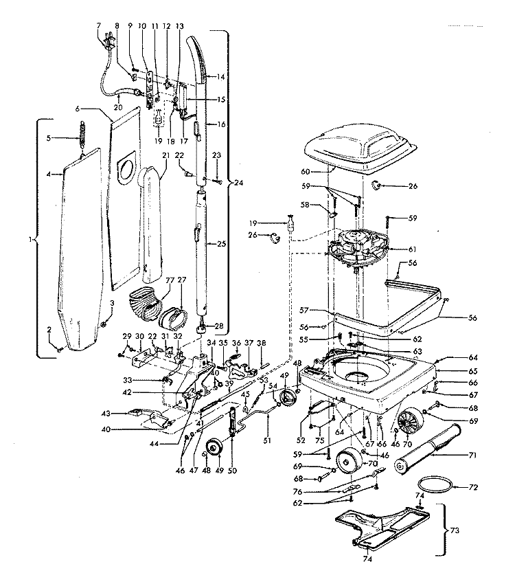 HANDLE, MAINBODY, OUTERBAG, HOOD Diagram and Parts List for U4597---  Hoover Upright Vacuum
