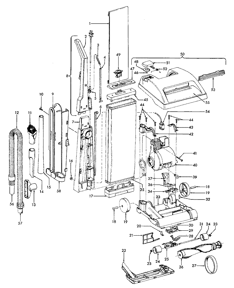 MAINBODY, HANDLE, OUTERBAG Diagram and Parts List for U4581910  Hoover Upright Vacuum