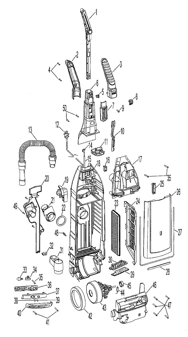 MOTOR, HANDLE, HOSE, BAGHOUSING Diagram and Parts List for U6441940  Hoover Range Hood