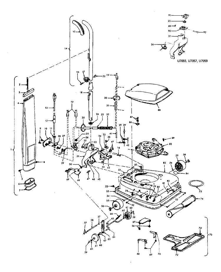 HANDLE, MAINBODY, OUTERBAG, HOOD Diagram and Parts List for U7047---  Hoover Upright Vacuum
