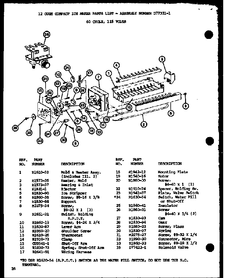 12 Cube Compact Ice Maker Diagram and Parts List for SLDI25GL-P7642105WL  Amana Refrigerator