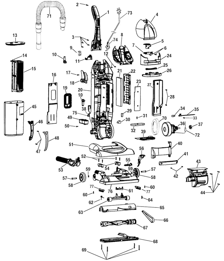 Motor, Handle, Hose, Baghousing, Handle Diagram and Parts List for U5720-960  Hoover Upright Vacuum
