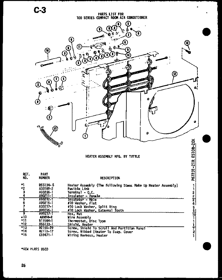 HEATER ASSY MFG. BY TUTTLE Diagram and Parts List for ES108-2EK P6723121R Amana Air Conditioner