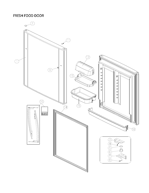 Fresh Food Door Parts Diagram and Parts List for 11160712911  Kenmore Refrigerator