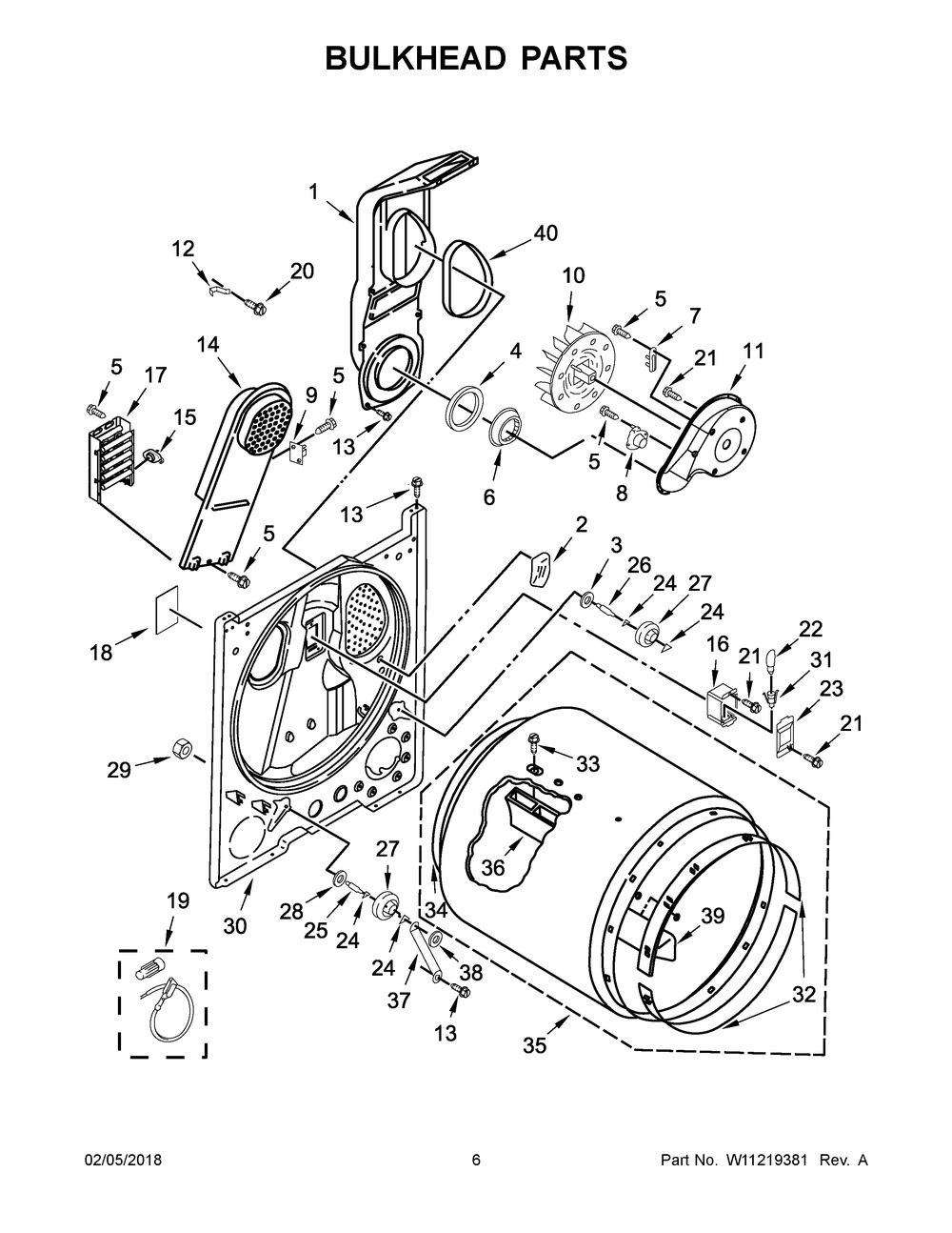 Bulkhead Parts Diagram and Parts List for  Maytag Dryer