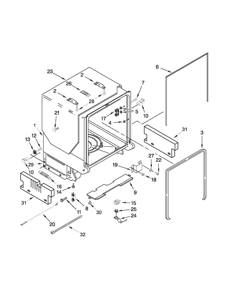 Tub And Frame Parts Diagram and Parts List for  Maytag Dishwasher