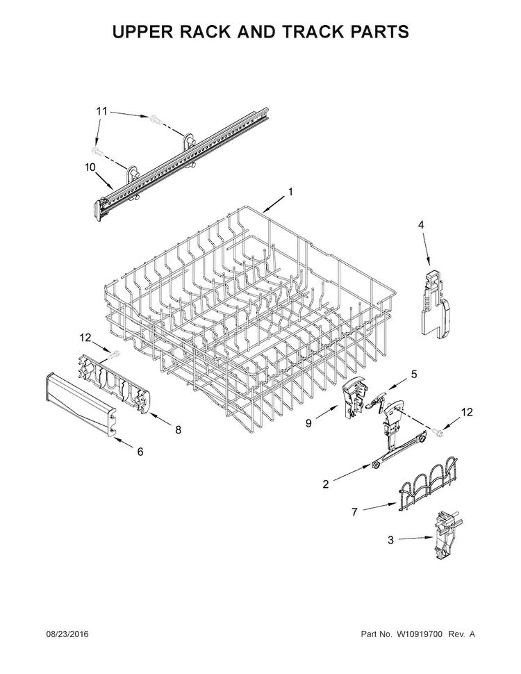 Upper Rack And Track Parts Diagram and Parts List for  Maytag Dishwasher
