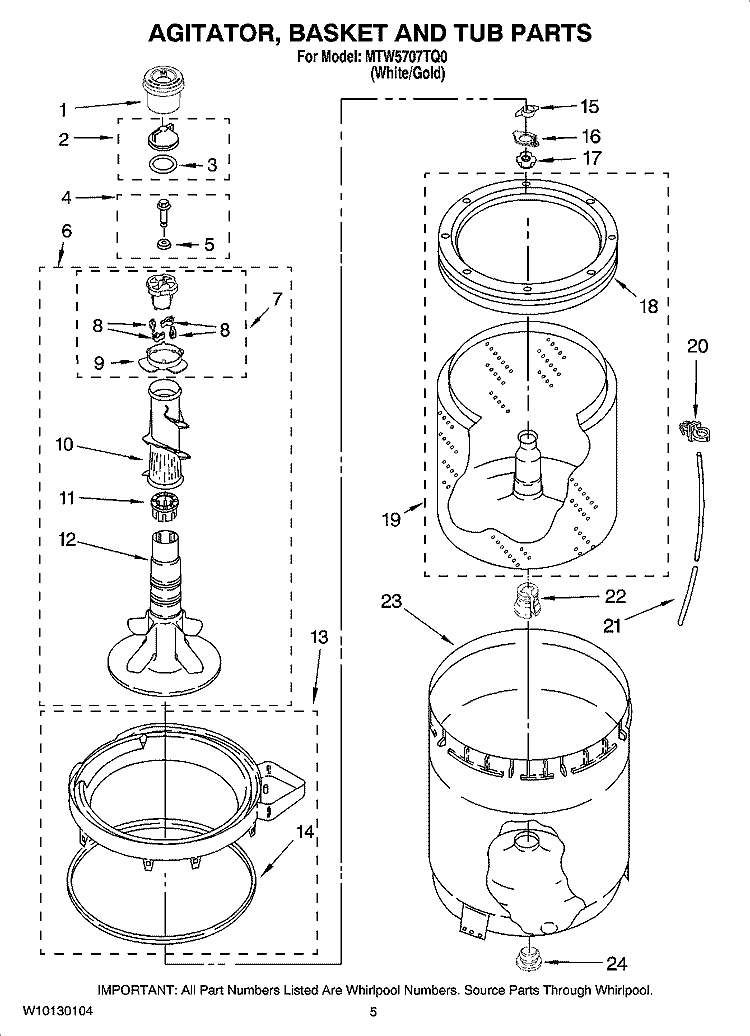 AGITATOR, BASKET AND TUB PARTS Diagram and Parts List for MTW5707TQ0  Maytag Washer