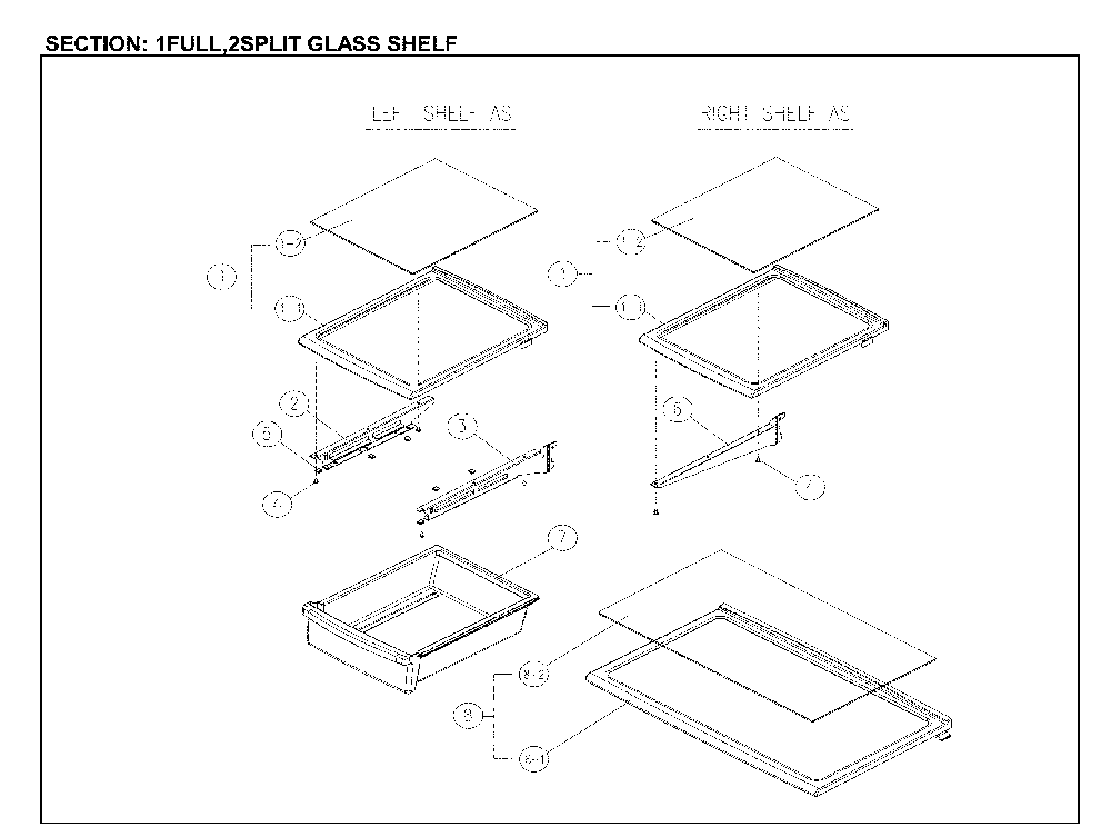 Full And Split Glass Shelves Diagram and Parts List for 11161205713  Kenmore Refrigerator