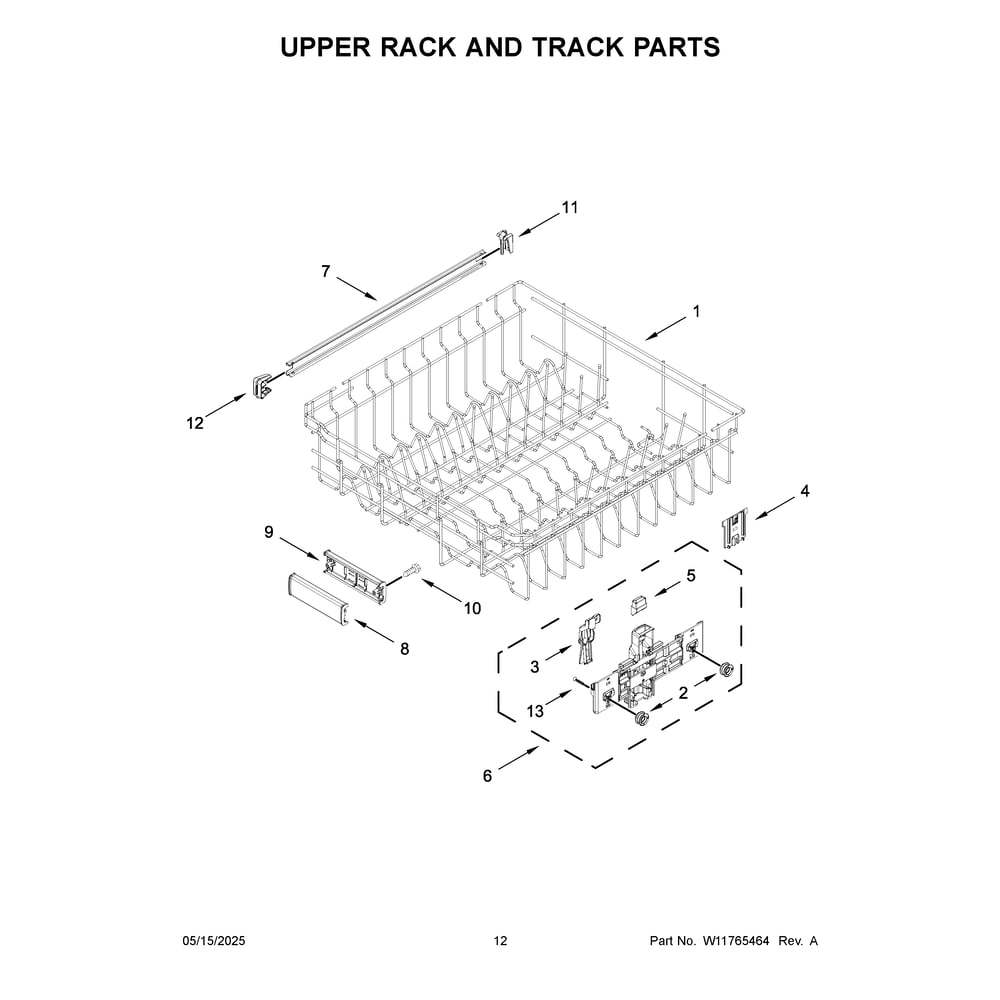 Upper Rack And Track Parts Diagram and Parts List for  Maytag Dishwasher