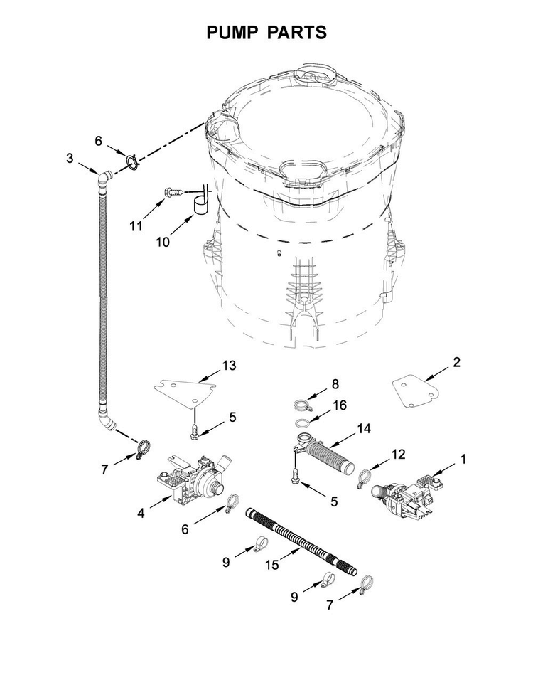 Pump Parts Diagram and Parts List for  Maytag Washer
