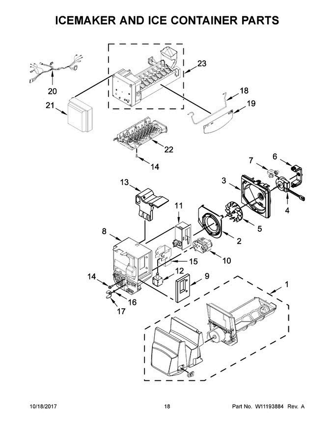 10 - Icemaker And Ice Container Parts Diagram and Parts List for  Maytag Refrigerator