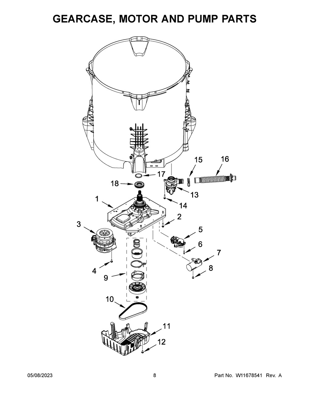 Gearcase, Motor And Pump Parts Diagram and Parts List for  Maytag Washer