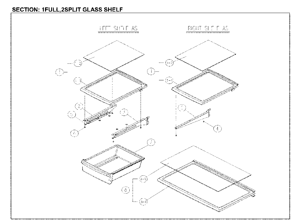 Full And Split Glass Shelves Diagram and Parts List for 11161205714  Kenmore Refrigerator