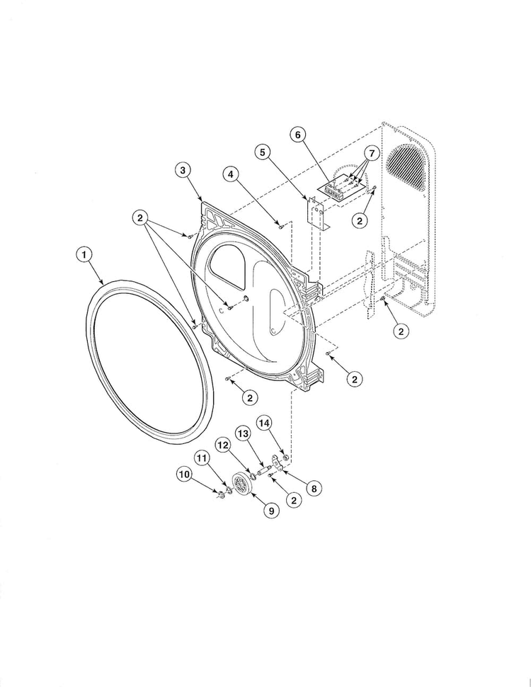 Bulkhead/felt Seal/cylinder Roller Diagram and Parts List for  Speed Queen Dryer