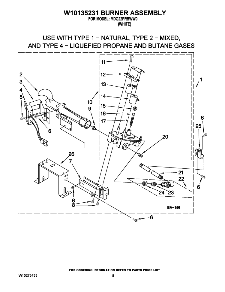W10135231 BURNER ASSEMBLY Diagram and Parts List for MDG22PRBWW0  Maytag Dryer