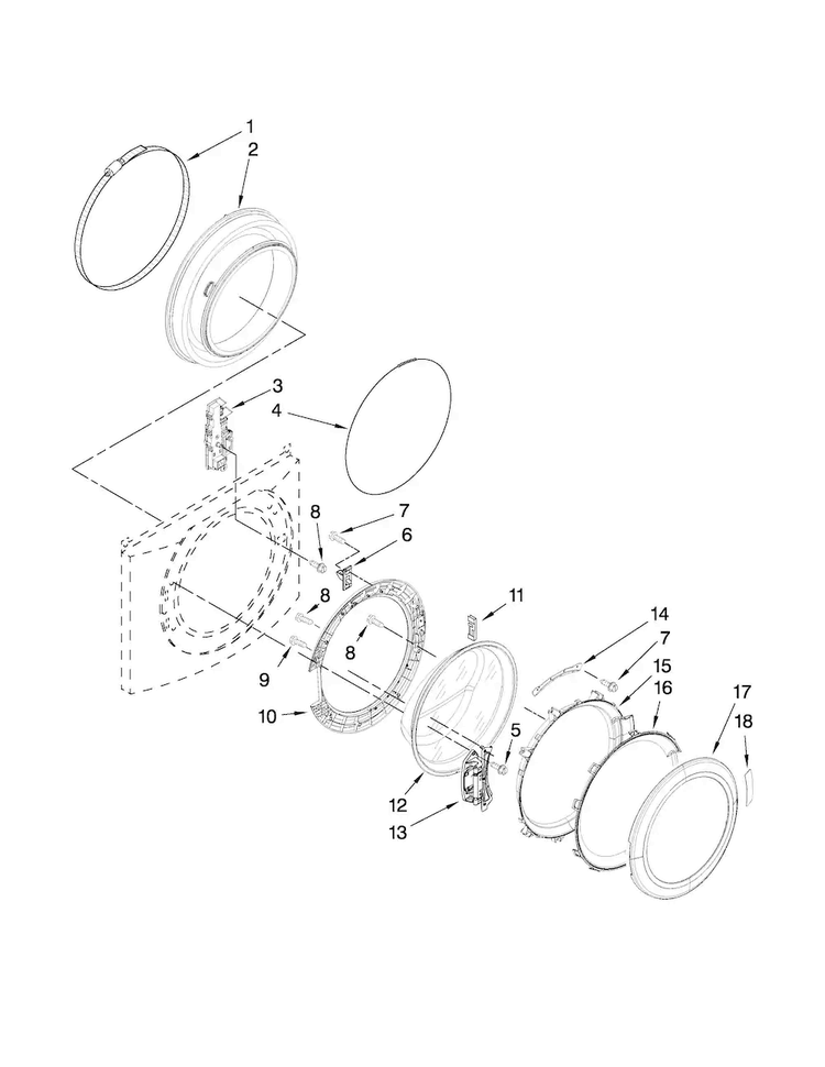 Door And Latch Parts Diagram and Parts List for  Maytag Washer