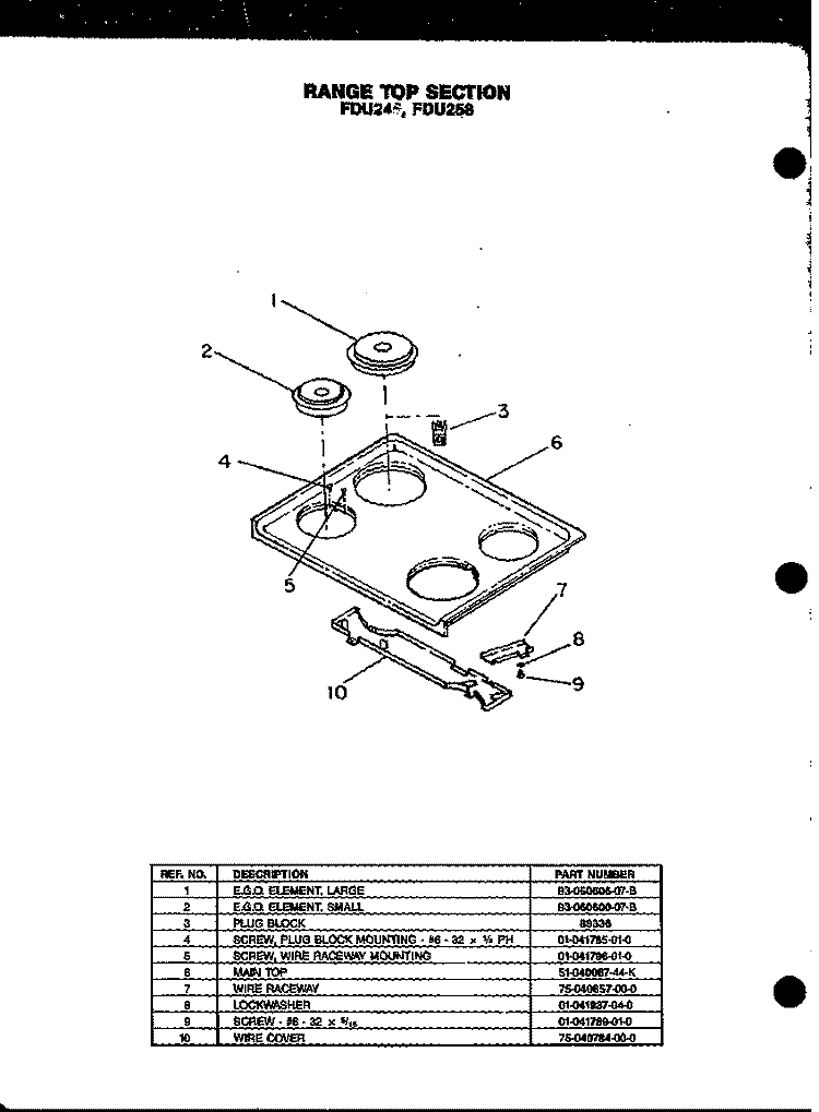 RANGE TOP SECTION Diagram and Parts List for FDU258  Amana Range