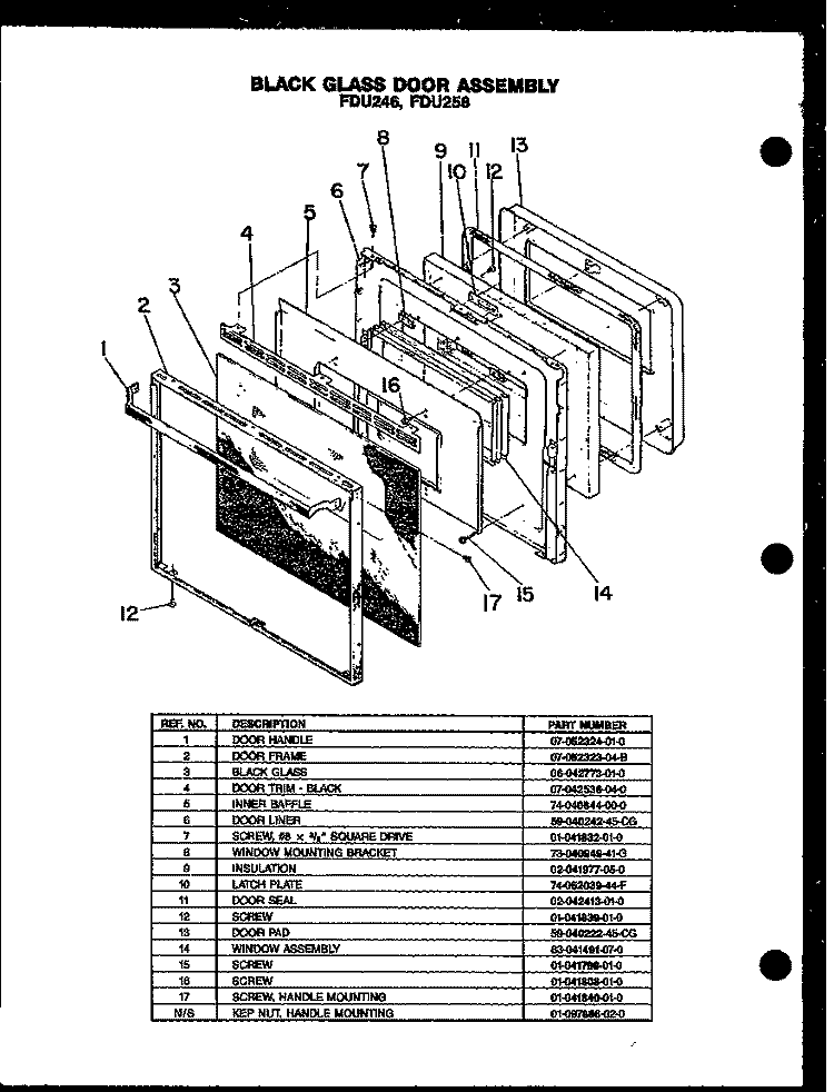 BLACK GLASS DOOR ASSY Diagram and Parts List for FDU258  Amana Range