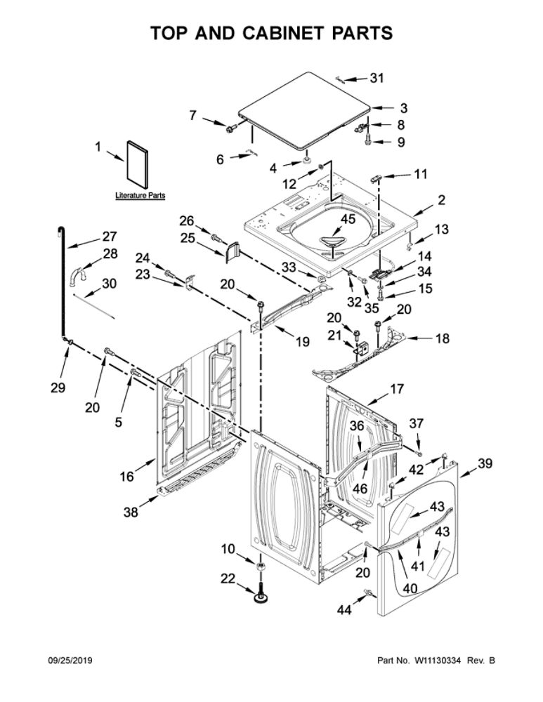 Top And Cabinet Parts Diagram and Parts List for  Maytag Washer