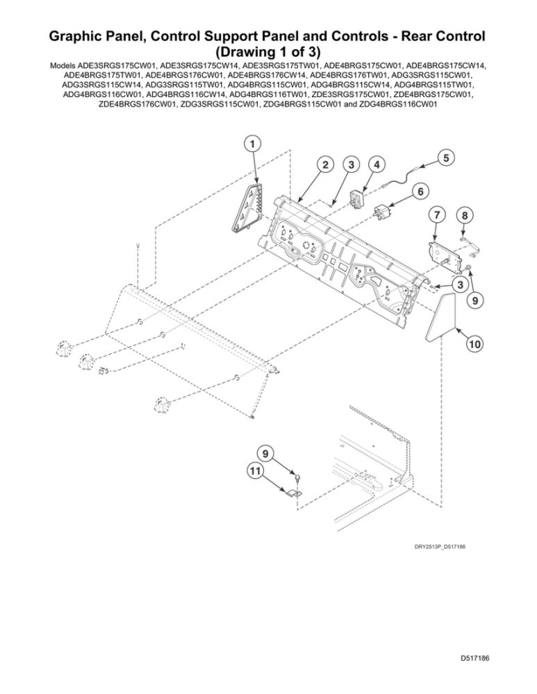 Graphic Panel/Rear Control Support Panel 1 Diagram and Parts List for  Speed Queen Dryer