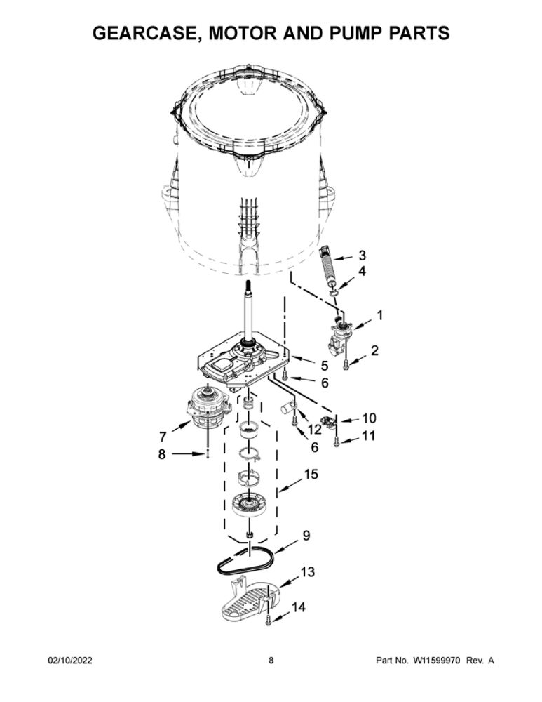 Gearcase, Motor And Pump Parts Diagram and Parts List for  Amana Washer