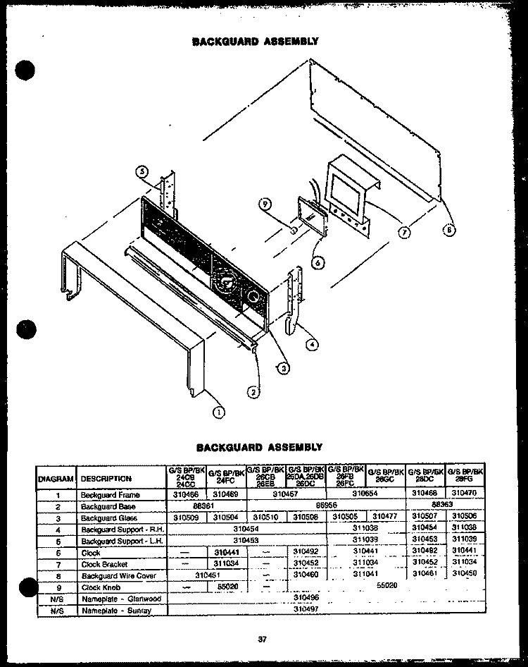 BACKGUARD ASSY Diagram and Parts List for GBP26DC  Amana Range