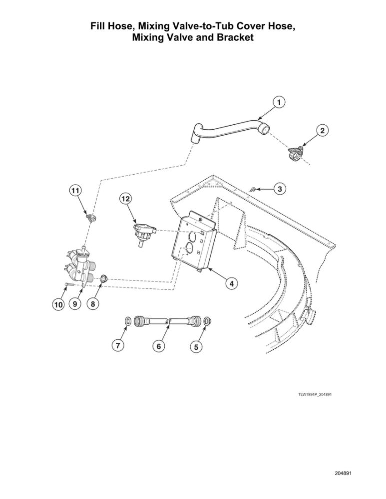 Fill Hose/Mixing Valve-To-Tub Cover Hose/Mixing Valve/Bracket Diagram and Parts List for  Speed Queen Washer