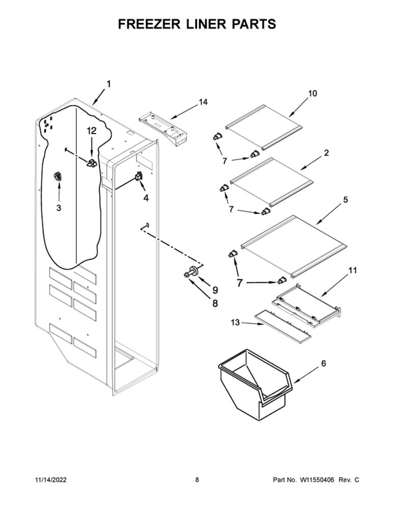 Freezer Liner Parts 2 Diagram and Parts List for  Maytag Refrigerator