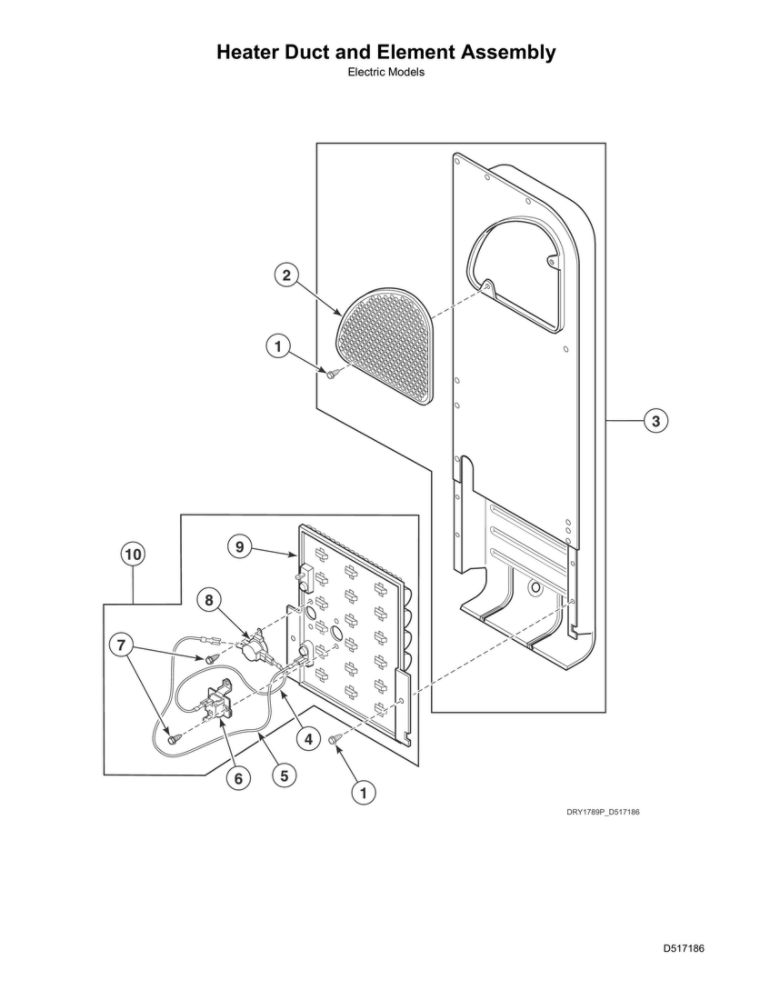 Heater Duct/Element Assembly Diagram and Parts List for  Speed Queen Dryer
