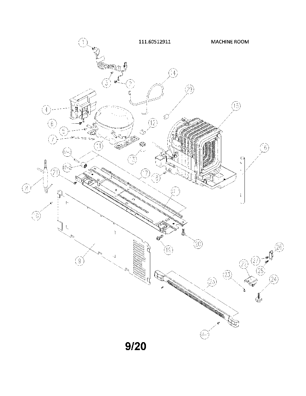 Machine Room Diagram and Parts List for 11160512911  Kenmore Refrigerator