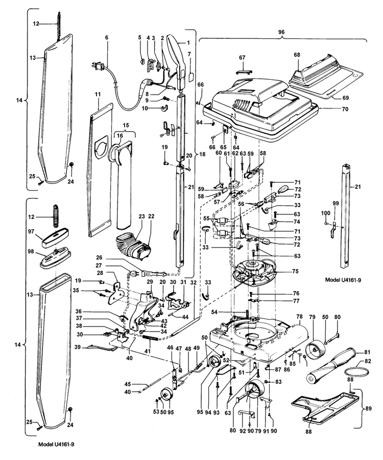 Handle, Mainbody, Outerbag, Hood Diagram and Parts List for U4159  Hoover Upright Vacuum
